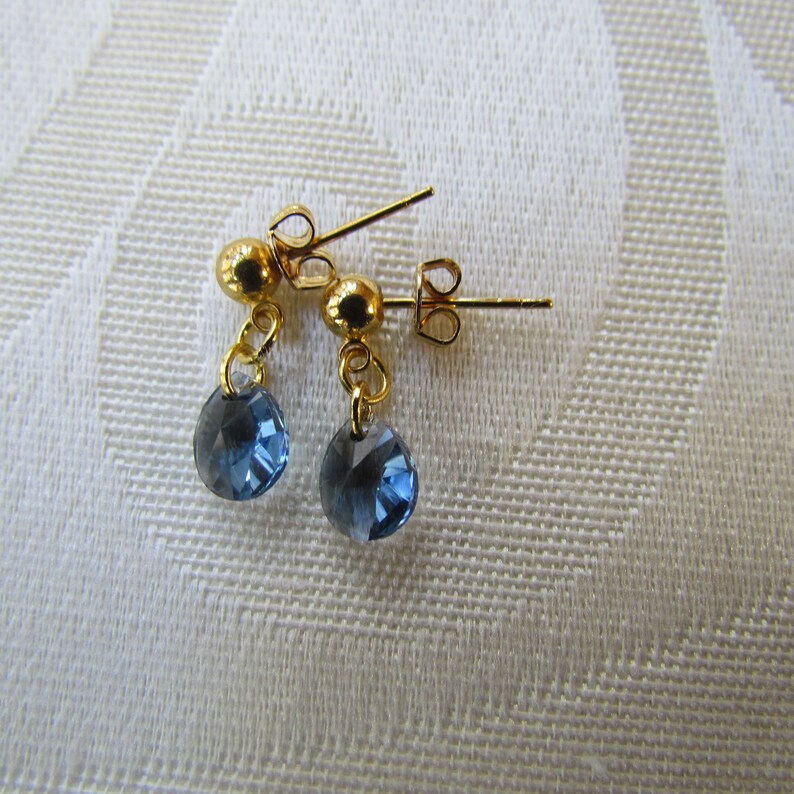 denim blue pear pendant blue dangle earrings blue pear shape earrings denim blue and gold jewelry. Swarvarski dainty earring