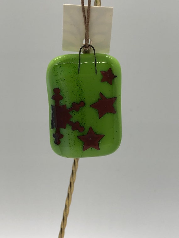 Christmas ornament, snowflake dorm room ornament small green holiday ornament with copper stars and snowflake.