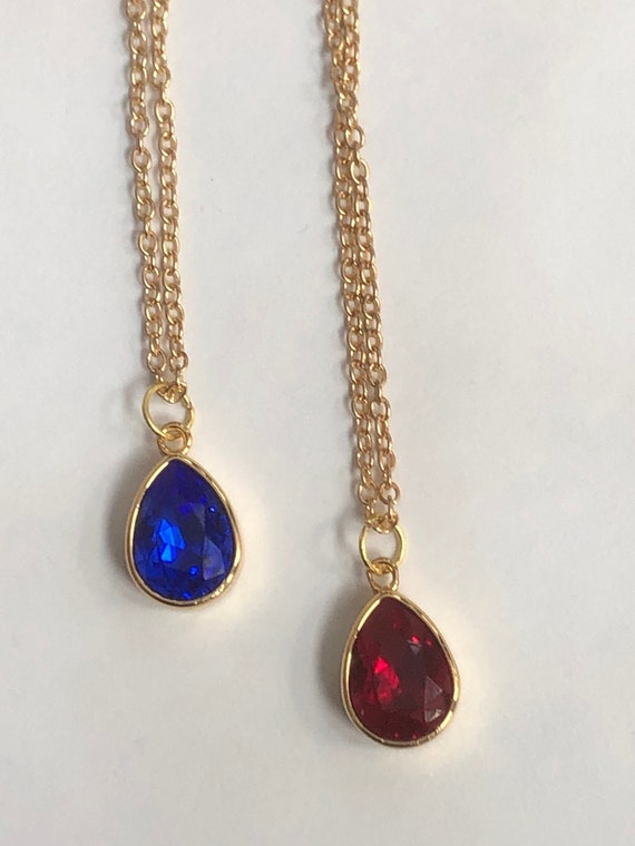 Swarovski crystal elements necklace, red diamond and cobalt blue gold pear pendant 24 inch gold plate chain, valentines day