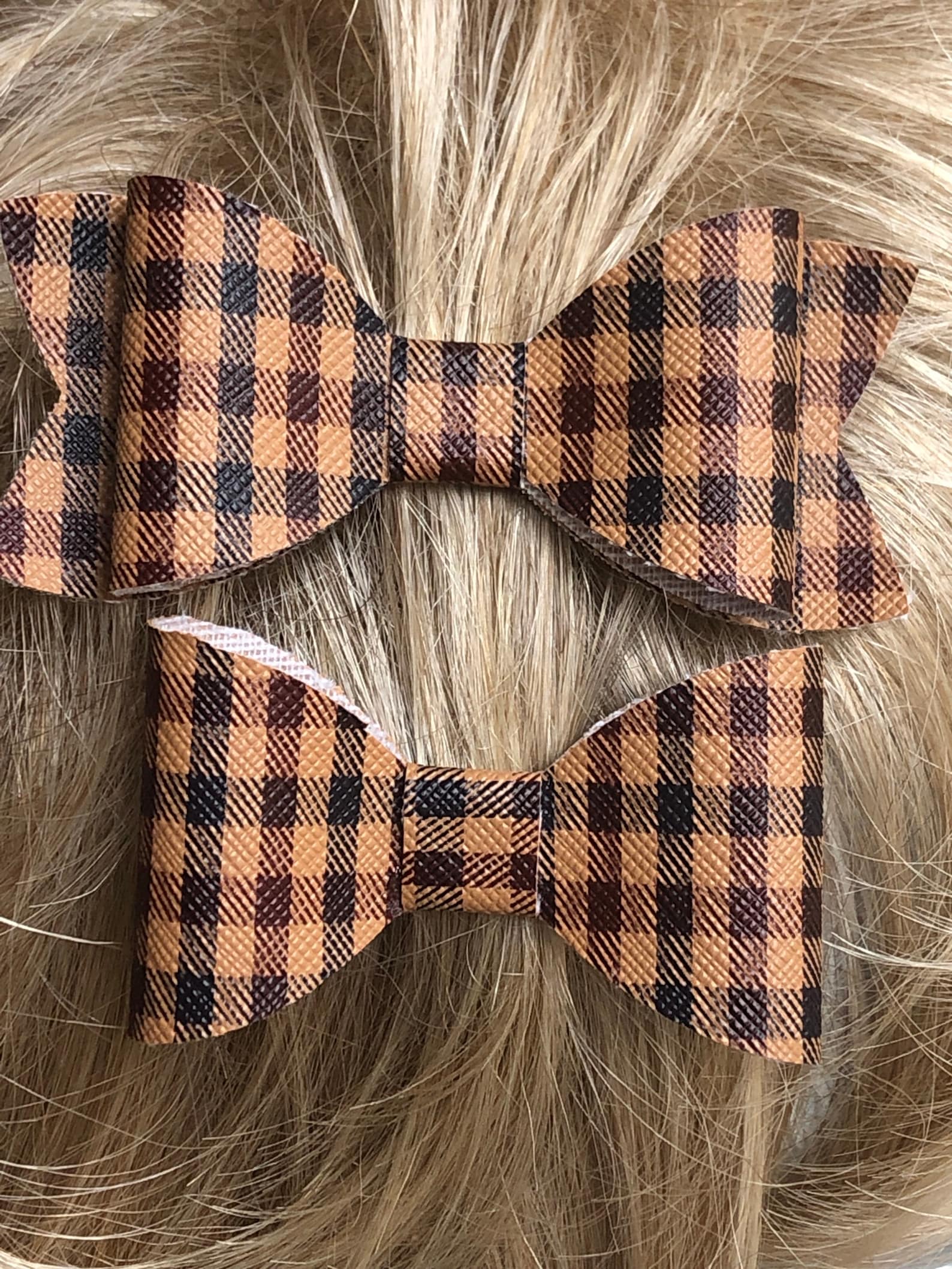 Brown Faux Leather Bows Medium Size Brown Checked Bows Two Etsy