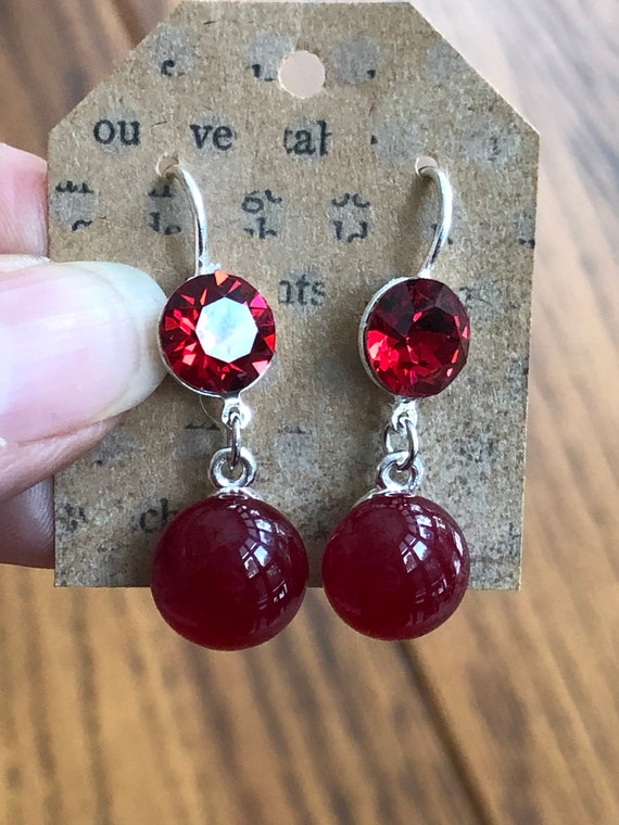 Red Art Deco earrings, red diamond, red crystal and fused glass dangle earrings. red glass and crystal jewelry, valentines day earrings