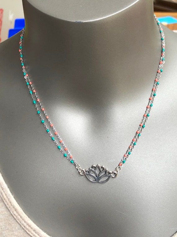 lotus flower beaded choker necklace, large lotus flower charm, lotus flower charm double beaded chain necklace, coral and turquoise choker