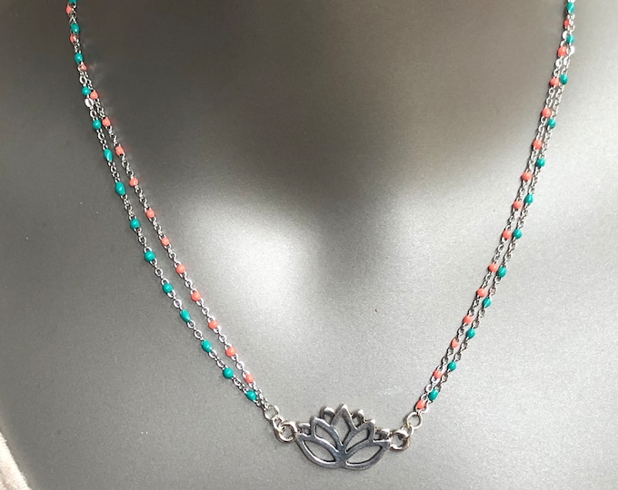 lotus flower beaded choker necklace, large lotus flower charm, lotus flower charm double beaded chain necklace, coral and turquoise choker