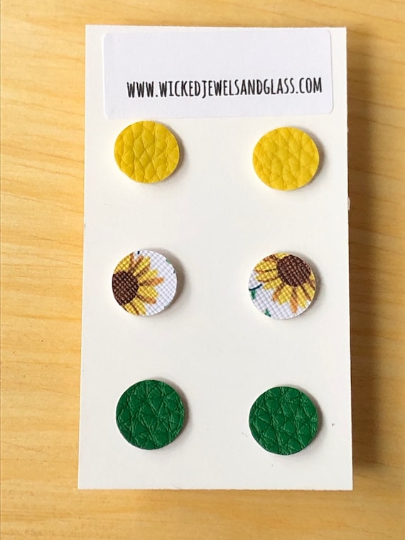 Sunflower earrings, yellow, green and sunflower faux leather round post earrings, set of 3 coordinating disk faux leather posts