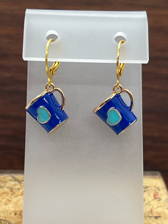 coffee cup earrings, gold plate blue coffee mug earrings, 3 D coffee cup earrings, blue coffee cup and light blue heart gold plate earrings