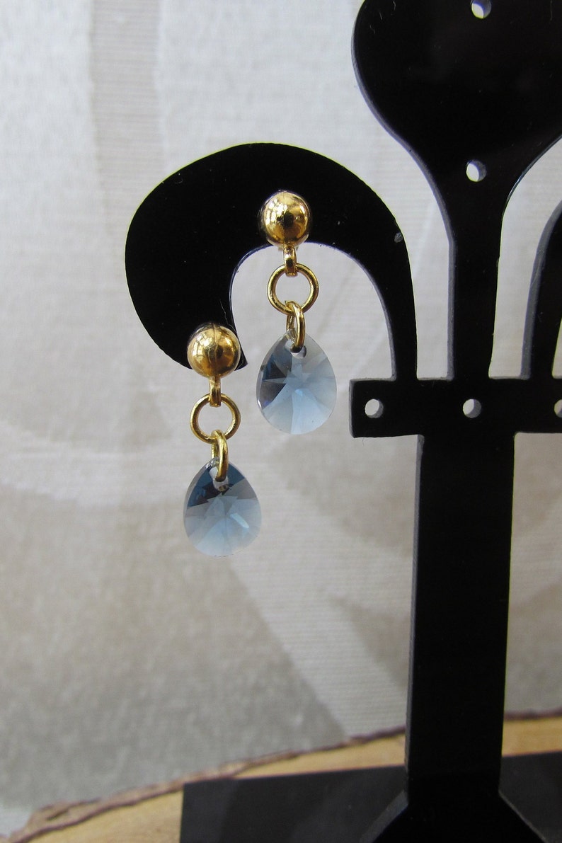 denim blue pear pendant blue dangle earrings blue pear shape earrings denim blue and gold jewelry. Swarvarski dainty earring