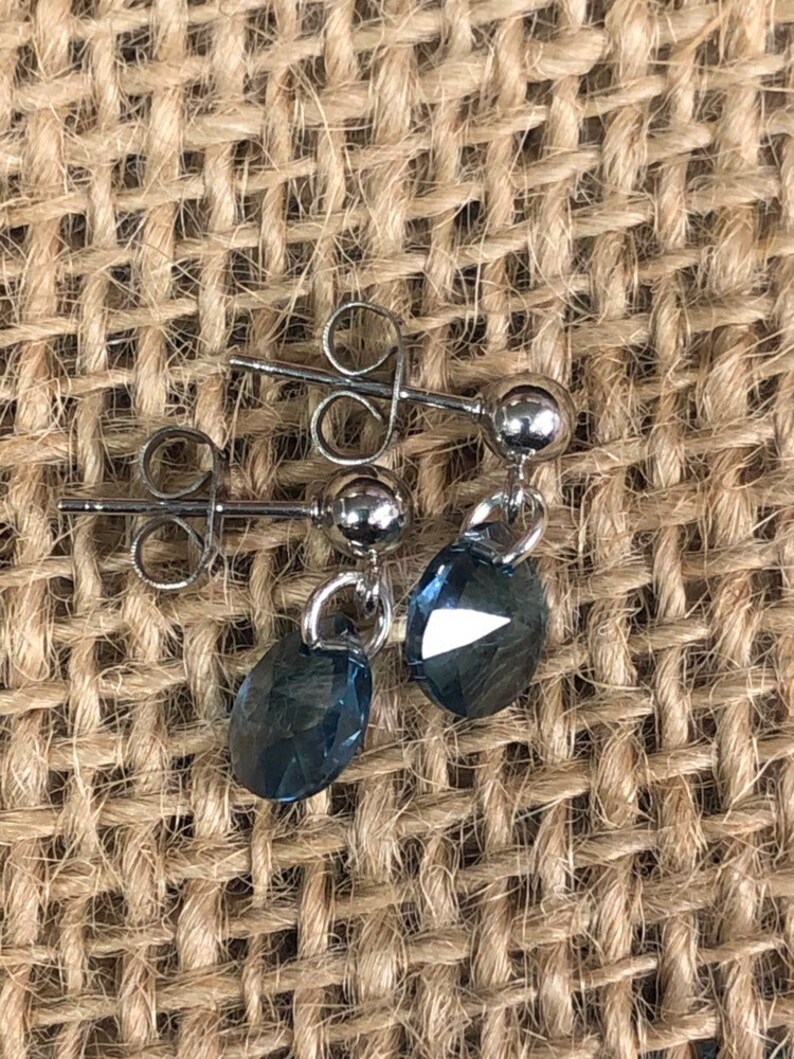 denim blue pear pendant blue dangle earrings blue pear shape earrings denim blue and gold jewelry. Swarvarski dainty earring