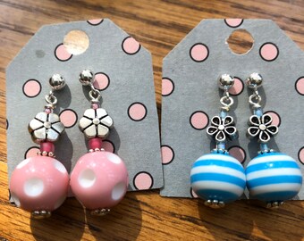 Post dangle flower earrings, round dangle post earrings, blue stripped earrings, casual flower stud earrings, polka dot post dangle earrings