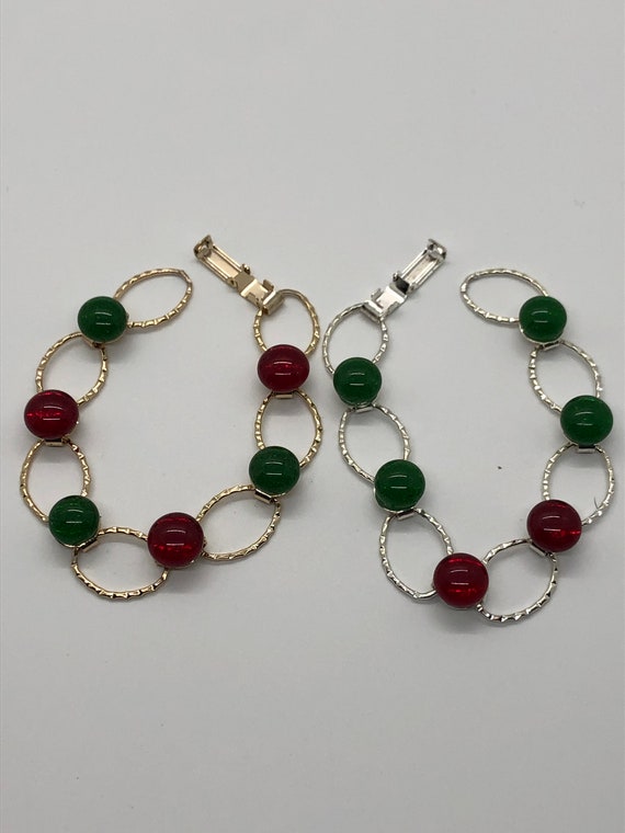 Christmas charm bracelet, red and green glass link charm bracelet, holiday link charm bracelet, gold charm bracelet, silver charm bracelet.
