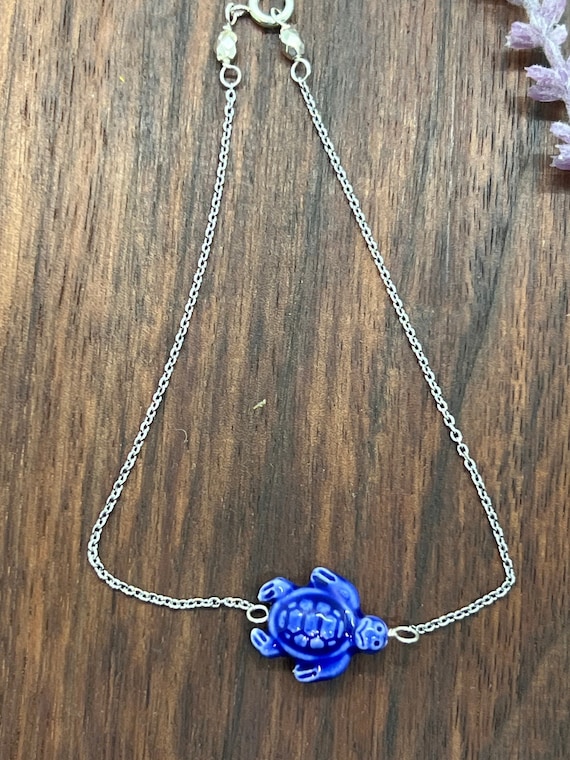 Turtle anklet, sea turtle anklet, blue ceramic turtle ankle bracelet, casual summer ankle bracelet