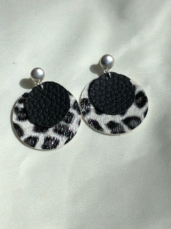 double layer animal print faux leather earrings, large round statement post animal print earrings, black and animal print statement earrings