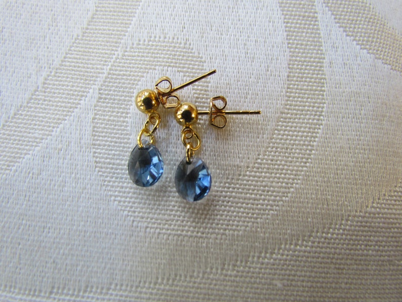 denim blue pear pendant blue dangle earrings blue pear shape earrings denim blue and gold jewelry. Swarvarski dainty earring