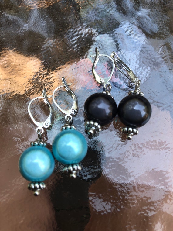 round beaded earrings, simple and casual earrings, blue or black simple jewelry, boho gift,