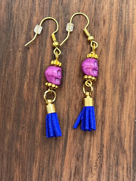 Sugar skull earrings, Halloween theme earrings, Cinco de Mayo jewelry,  Purple skull with navy blue suede tassel.