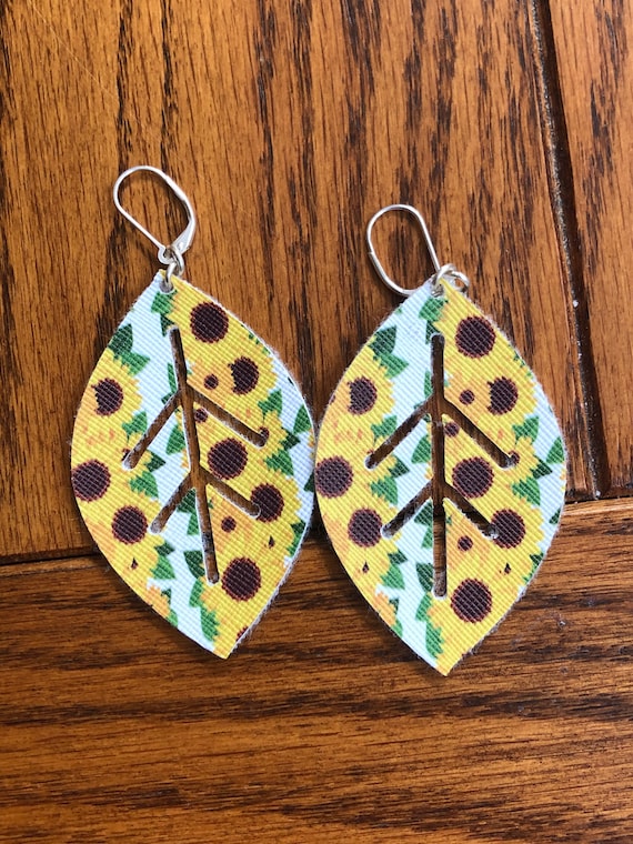 Sunflower earrings, Large sunflower faux leather earrings, statement leaf earrings with sunflowers, sunflower pattern faux leather