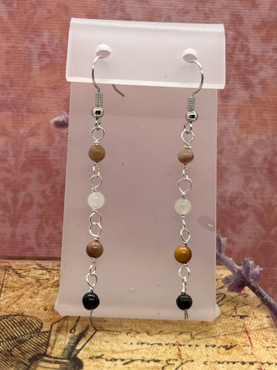 fancy jasper beaded dangle earrings, hand wired gemstone jewelry, small stone fancy drop earrings, healing boho jewelry