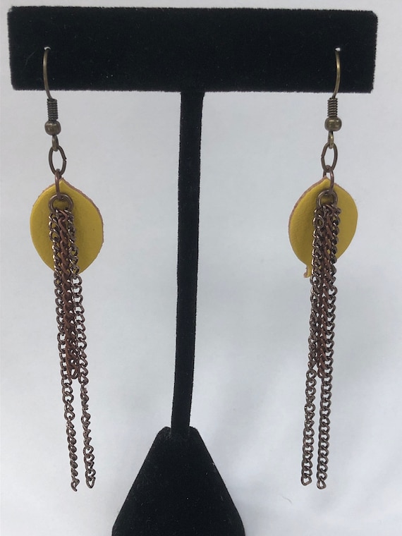 Boho earrings, thin chain earrings, chain and leather earrings,  yellow faux leather and brass chain earrings