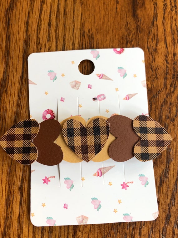 Brown faux leather heart barrette, plaid brown, light and dark brown faux leather heart barrette, barrette with coordinating brown hearts