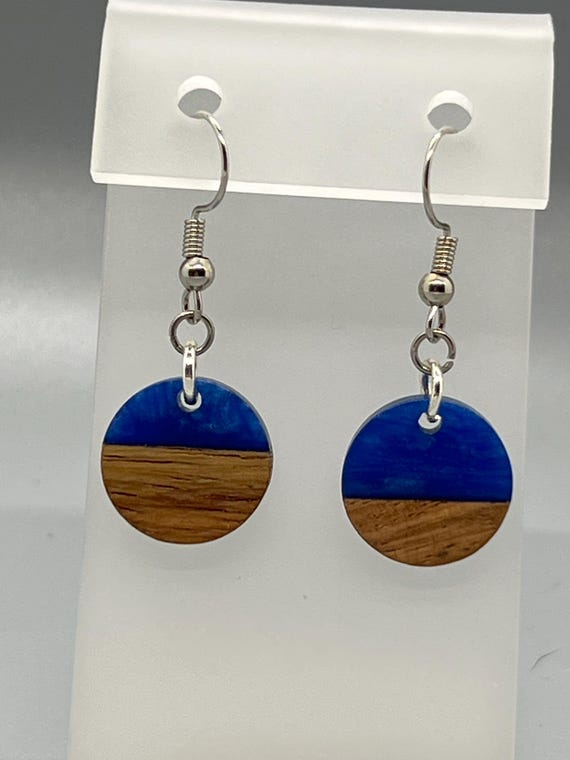 Walnut Wood & Blue Resin Earrings • Boho Hypoallergenic Dangles