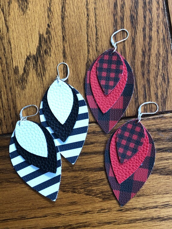 Layered earrings, buffalo plaid faux leather layered earrings, faux leather statement earrings, leaf style faux leather