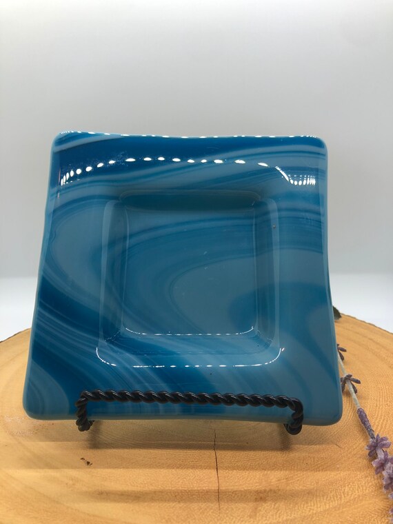 Square blue swirled fused glass candy dish, home decor, blue swirled square tray, soap dish, square rimmed dish, wedding gift, fused glass