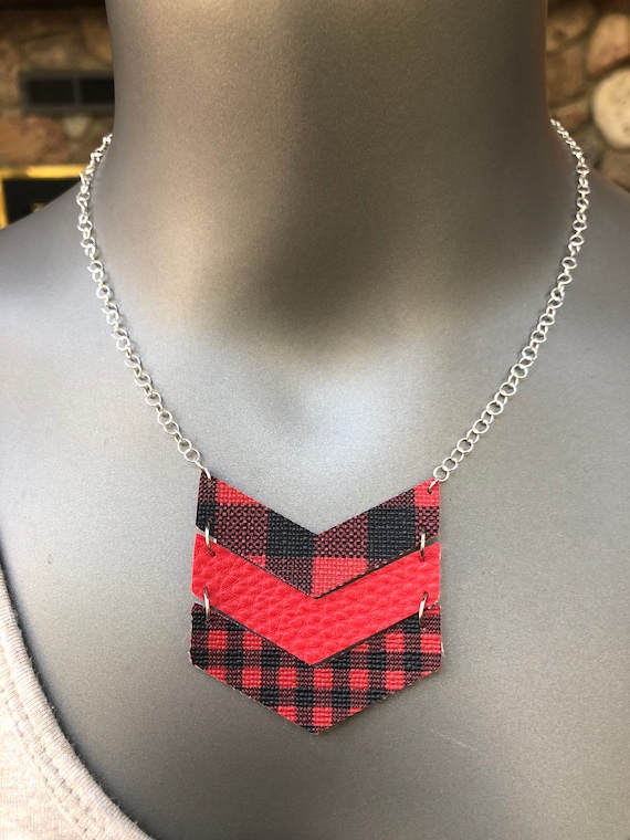 buffalo plaid chevron necklace, faux leather choker, red and black chevron buffalo plaid choker