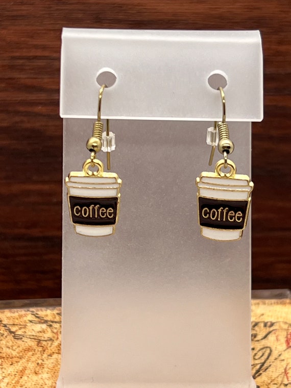 coffee earrings, coffee to-go cup earrings, travel cup gold plate earrings, latte earrings, Frappuccino earrings