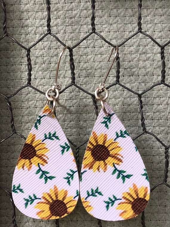 sunflower earrings, teardrop sunflower faux leather earrings, sunflower fields, summertime jewelry, casual and light dangles