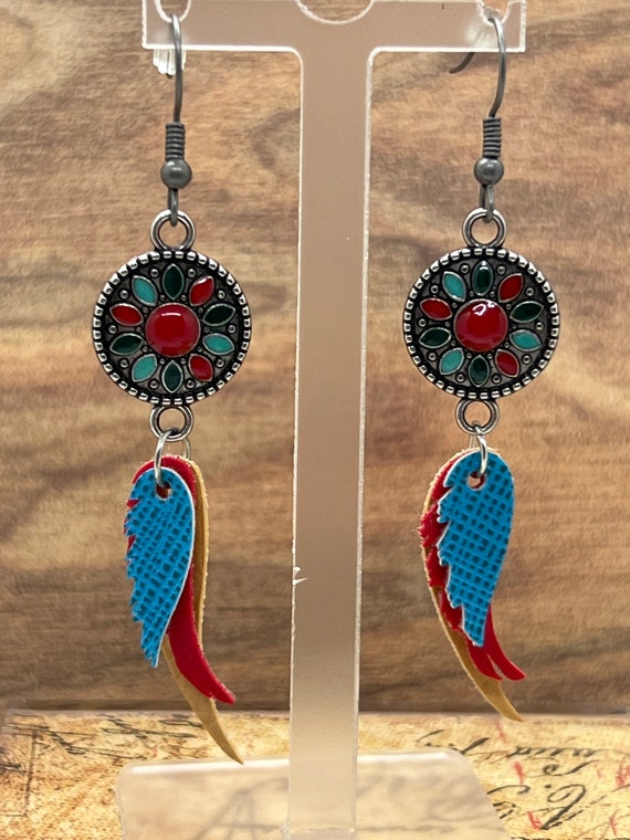 Western earrings, antique concho with faux leather feathers in blue, cowgirl earrings, concho and faux leather feathers