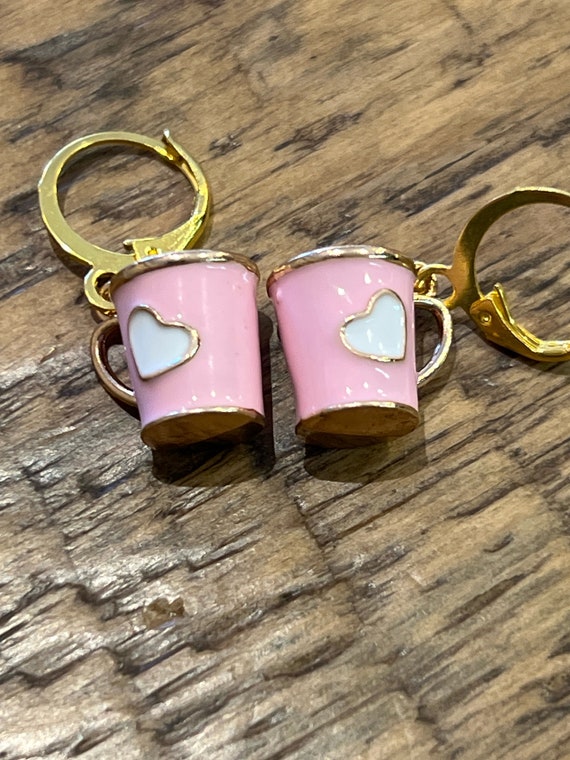 coffee cup earrings, gold plate pink coffee mug earrings, 3 D coffee cup earrings, pink coffee cup and white heart gold plate earrings