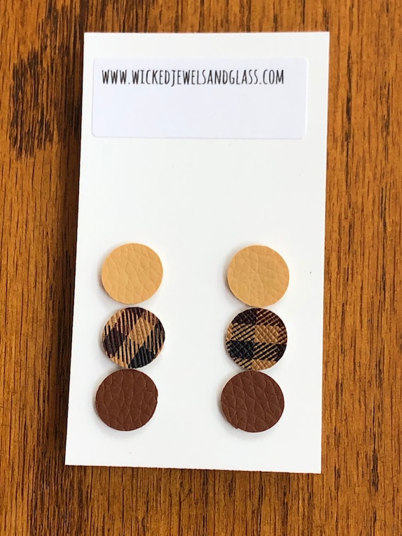 Round faux leather post earrings, light, dark and plaid brown faux leather round post earrings, 3 coordinating earrings