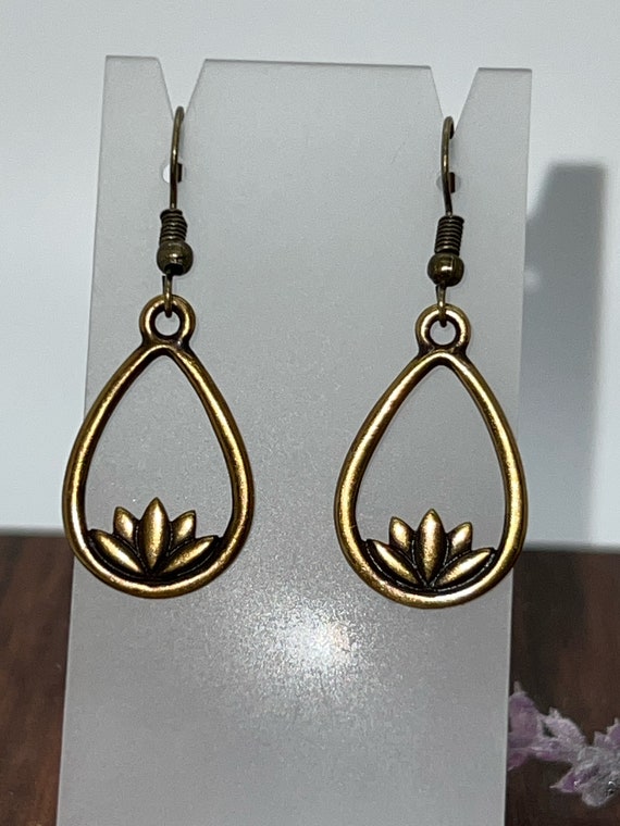 Lotus dangle earrings, double sided open teardrop with lotus, flower earrings, brass lotus dangle earrings