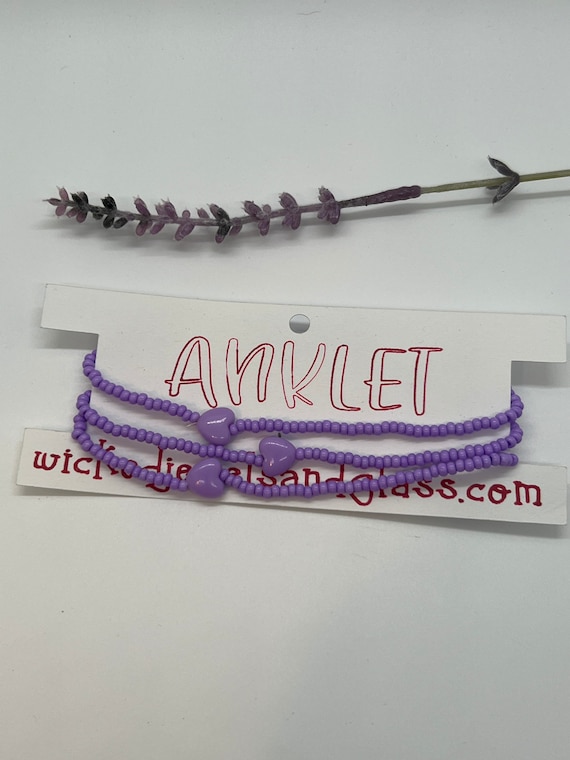 Ankle bracelet, stackable purple heart charm stretch ankle bracelets, lavender seed bead ankle jewelry, stretch bracelet