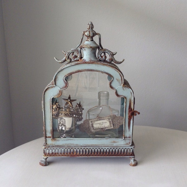 Unique blue rusty French vintage inspired display case