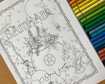 Samhain, Colouring Page, Digital Download only, Witch Colouring book, Sabbats, pagan, Wiccan