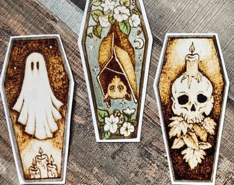 Coffin Shaped Stickers, Bat, Ghost, Skull, Halloween, Handmade Gloss Sticker