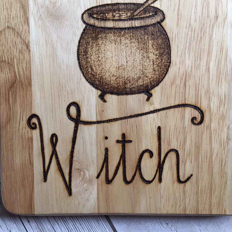 Pyrography Wooden Chopping Board Witch Cook Wicca Kitchen Witchery Handburned with a cauldron and Kitchen Witch quote