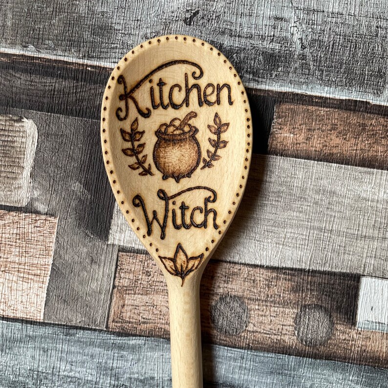 Kitchen Witch Wooden Spoon, Pyrography, Woodburning, Witch Gift, Kitchen Decor image 1