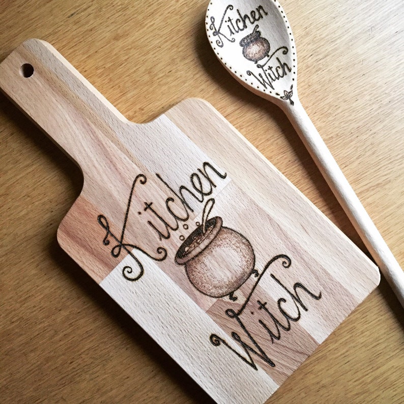 Pyrography Wooden Chopping Board Witch Cook Wicca Kitchen Witchery Handburned with a cauldron and Kitchen Witch quote