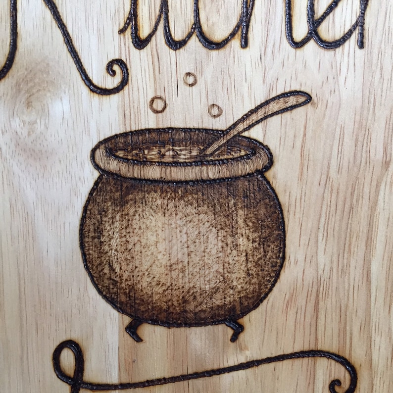 Pyrography Wooden Chopping Board Witch Cook Wicca Kitchen Witchery Handburned with a cauldron and Kitchen Witch quote