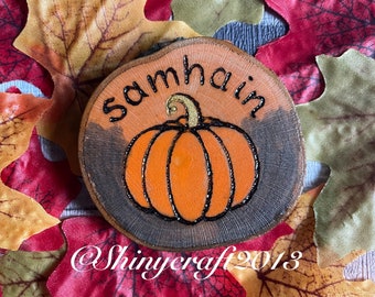 Samhain mini altar decoration, woodburning, Pyrography, witch, pagan sabbat