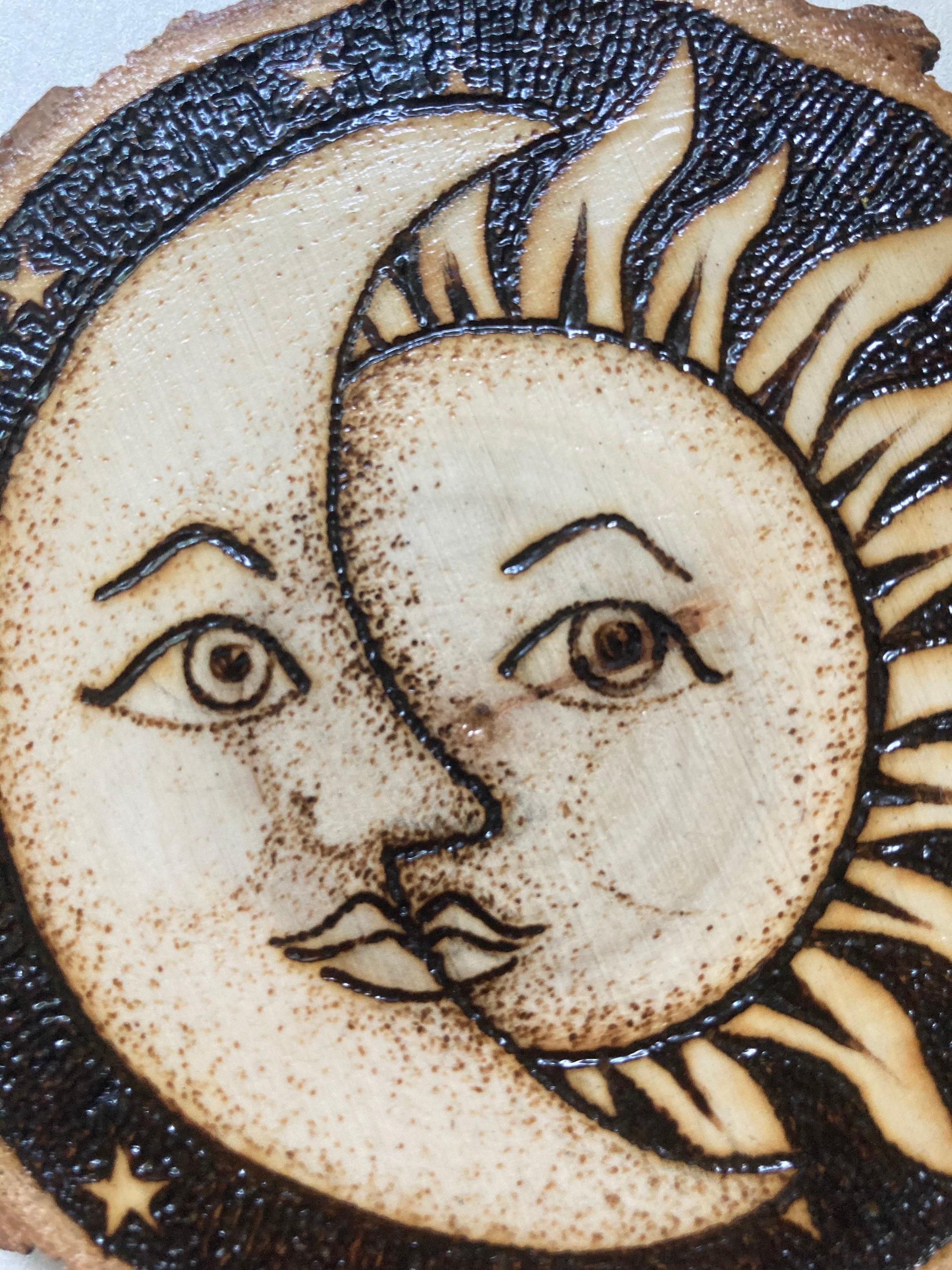 Sun and Moon Handburned Pyrography Wood Slice With Woodburned | Etsy