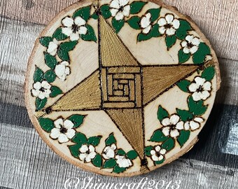 Imbolc Brigid’s Cross Altar Decoration, Pyrography Woodburning and Handpainted Wood Slice, Sabbats, Witch