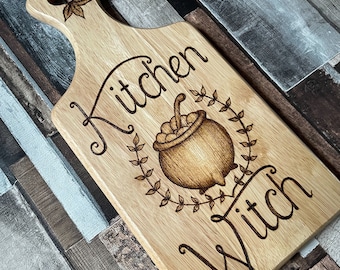 Kitchen Witch Wooden Chopping Board, Pyrography Woodburning Kitchen Decor