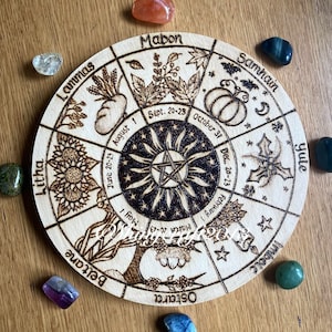 Wheel of the Year, Pagan Sabbats Altar Decor, Pyrography Woodburning image 1