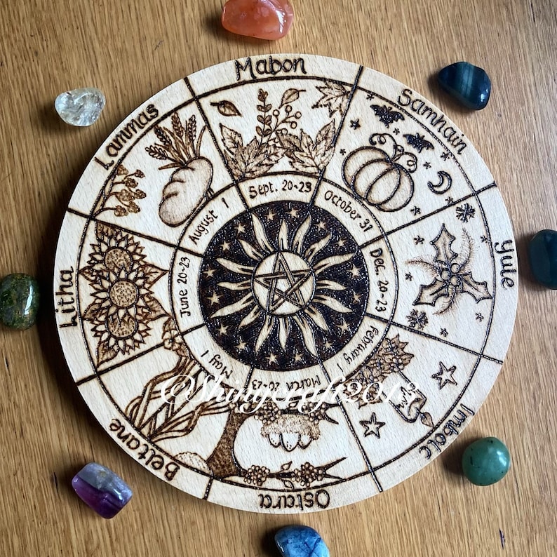 Wheel of the Year, Pagan Sabbats Altar Decor, Pyrography Woodburning image 1