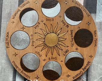 Moon Phases Wooden Wheel, Witch Altar Decor, Altar Tools, Witches Gift, Pyrography Woodburning