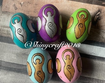 Ostara Wooden Egg, Triple Goddess Altar Decor, Woodburning, Handpainted