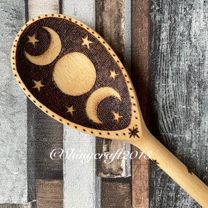 Triple Moon Wooden Spoon, Pyrography,  Woodburning, Kitchen Witch Decor