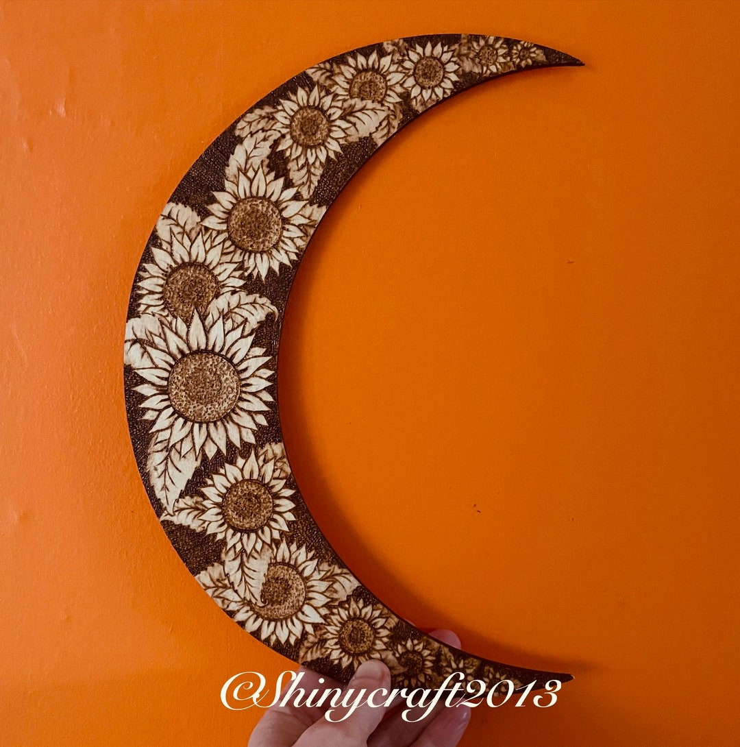 Wooden Moon Wall Decor With Sunflower Design Pyrography Etsy